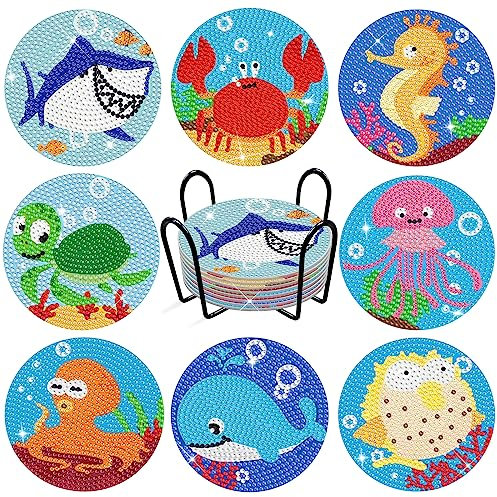 Valdivia Diamond Painting Untersetzer, 5D Kreativ Diamond Art Painting Set für Erwachsene Kinder, Crystal Strass Gemälde Kunsthandwerk, 8 Stk DIY Diamant-Malsets Untersetzer mit Halter(Meer)