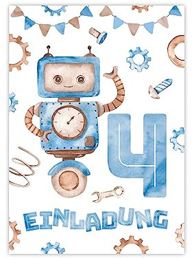 Minkocards 12 Einladungskarten zum 4. Kindergeburtstag Junge Roboter Einladungen zum vierten Geburtstag Kinder bunte Geburtstagseinladungen