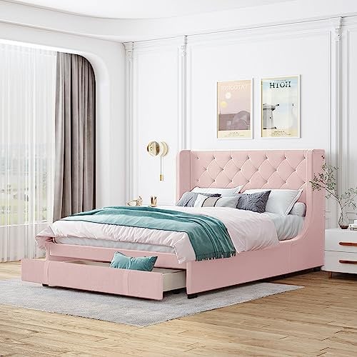 Moimhear Letto imbottito 140 x 200 cm, letto matrimoniale con rete a doghe, schienale e cassetti grandi, letto matrimoniale per adulti e ragazzi in tessuto di lino (rosa)