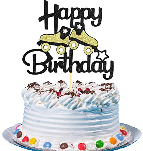 Sumerk 1 Stück Gold Roller Skate Happy Birthday Cake Topper Rollschuh Tortenaufsatz Rolling Retro Girl Club Hip Hop Thema Party Kuchen Dekoration Vorräte für Kinder Jungen Mädchen