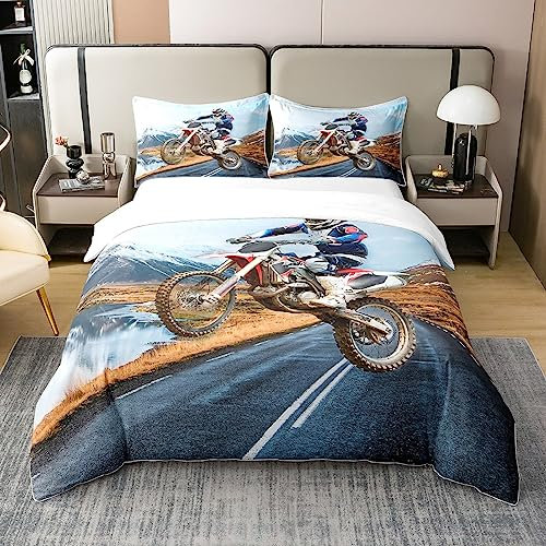 Dirt Bike 100% Baumwolle Bettbezug 155x220 für Kinder Jungen Teens,Grunge Bike Rider Bettwäsche Set Schnee Berg Tröster Abdeckung Leichte Motocross Bett Sets mit 1 Kissenbezug Heim Zimmer Dekor