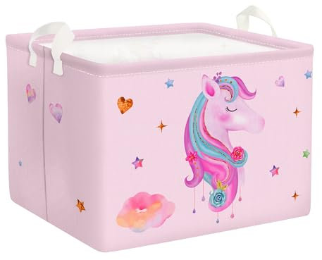 Clastyle Süßer Rosa Einhorn Mädchen Würfel Aufbewahrungskorb für Babyzimmer Wolke Sternen Herz Wasserdicht Rechteckig Stoff Regalkörbe Kleidung Spielzeug Kinder Aufbewahrungsbox, 40x30x30 cm