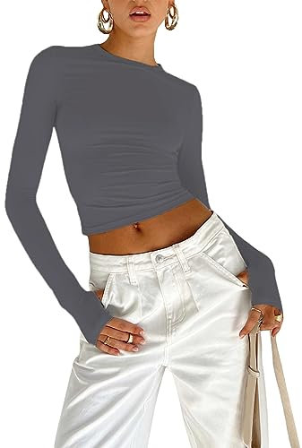 OYIGELZ Langarmshirt Damen Basic T-Shirt Langarm Crop Top Y2K Slim Fit Oberteile Casual Rundhals Tee Shirt(Grau,S)