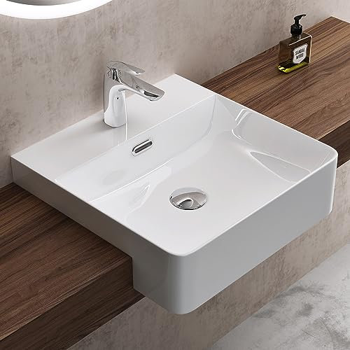 doporro Lavabo Semincasso 42 cm in Ceramica Bianco, Lavabo Bagno da Appoggio Quadrato con Foro Rubinetto e Troppopieno, Rivestimento Nano Brüssel702
