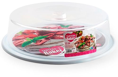 Tradineur - Tartera redonda de plástico, tapa transparente, recipiente para transportar tartas, postres, alimentos, fabricada en España (Base blanca, Ø 32 cm)