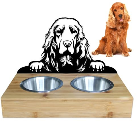 LEFEVRE PARIS • Support gamelles pour Chien et Chat en métal et Bois. 2 écuelles en INOX Inclus. Nourriture/Eau. Longueur 350 mm, Hauteur 258 mm. Made in France (Cocker Spaniel)