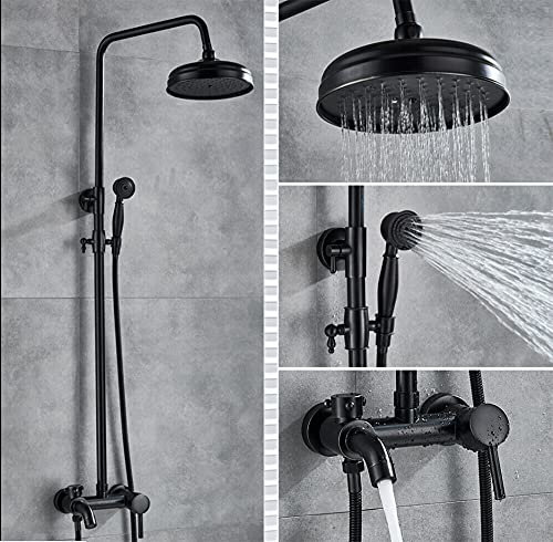 Juego de ducha de lluvia, sistema de ducha, grifo de ducha, juego de ducha anticuado, nostálgico, con ducha de mano, montaje en pared, acero inoxidable, panel de ducha de masaje, retro, redondo, negro