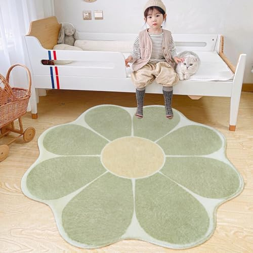 Poowe - Runder Teppich in Blumenform, 100 cm, Grün, Niedlicher runder Teppich für Schlafzimmer, Wohnzimmer, Kinderzimmer, Rutschfeste Bodenmatte für den Eingangsbereich, Waschbar