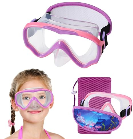 RUIGAO Kids Swim Goggles, Diving Mask Neoprene Padded No Hair Pull Strap，Pink Goggles with Nose Cover for Girls