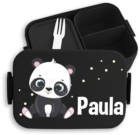 Kinder Bento Box Midi Lunchbox für Mepal Bentobox - Panda süß Padabären Pandabär - 900 ml - Schwarz - personalierte personalisierte brotdose name pandabären snackbox einteilung dose brotbox