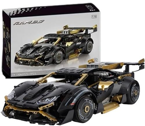 Jeising Black Gold Rambo Sports Car K10600, 2.519 Teile, Modell-Bauset, Technik, Maßstab 1:10, Klemmsteine, Sportwagen, DIY Rennwagen, Klemmbausteine Auto schwarz Bausatz, Supersportwagen