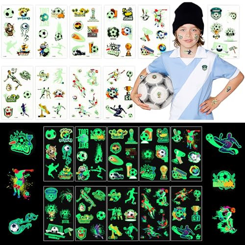 Wvu & Wvo Fußball Tattoo Kinder | 20 Blätter Leucht Fussball Tattoos Kinder | Tattoo Kinder Leuchten im Dunkeln | Kinder Tattoos zum Aufkleben | Fußball Tattoos Kinder Geschenk Junge Kindergeburtstag
