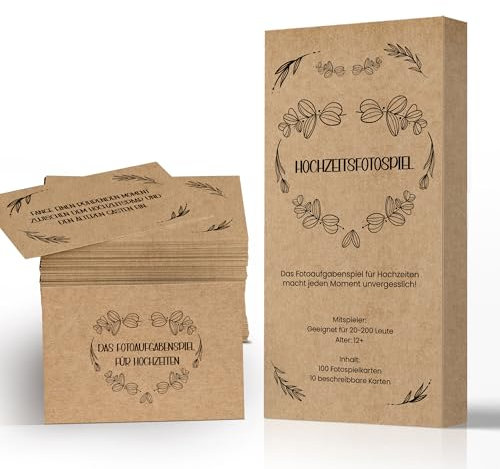 100+10 Hochzeitfotospiel - Hochzeitsspiel für Gäste, Hochzeit Partyspiel für Gäste, Fotoaufgaben für Brautpaar, Perfekt für Gästebuch Hochzeit, Kraftpapier, 9 * 6 cm
