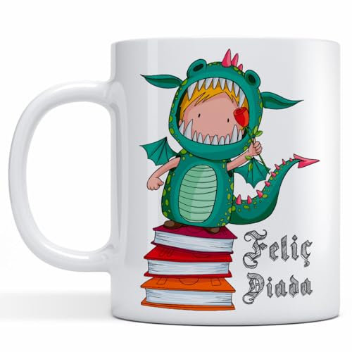 Zaranoias Taza Día del Libro. Dragón Feliç Diada. Regalo Original. Diada Sant Jordi, Aniversario, Enamorados, Amigo Invisible. Cerámica AAA 11 oz. (Blanca)