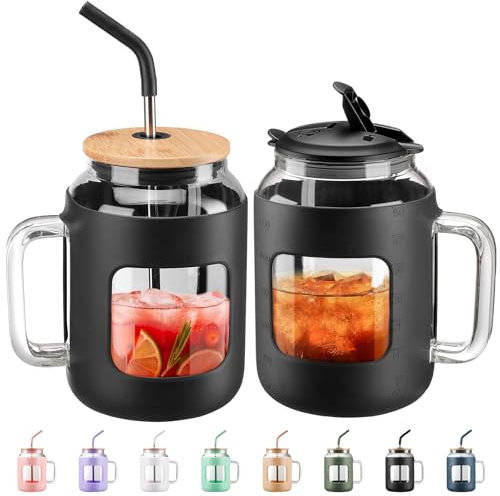 BLUEGO 1500ml Gobelet en Verre avec Poignée et Paille Réutilisable Gourde avec 2 Couvercles Tasse à Café avec Manchon en Silicone Sans BPA 1,5L Bouteille d'eau Anti-fuite, Noir