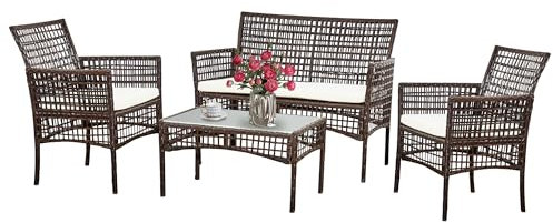 AFURNI 4 piece Rattan Furniture Set Outdoor Patio Wicker Sofa Garden Conversation Sets for Yard,Pool or Backyard,Brown Plaid