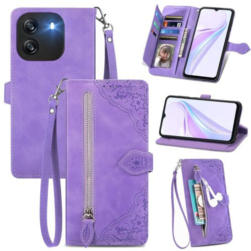 MOJIA Flip Case Compatible with Blackview Wave 6C, PU Leather Zipper Wallet Case Flip Phone Cover with TPU Shell, Card Holder Multifunctional Case. Purple