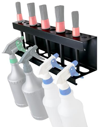 FOSHIO Detailing Brush Holder & Spray Bottle Holder Wall Mount with Mounting Hardware, Metal Rack Holds up to 11 Brushes of Various Sizes & Trigger Spray Bottles, Screwdriver Storage Garage