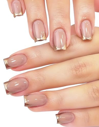 Aikeis 24pcs French Tip Press-On Nails, French Art Acrylique Moyenne Couverture Complète Faux Ongles Autocollant, Or Brillant French Tip Faux Ongles Gel Autocollant pour Femmes