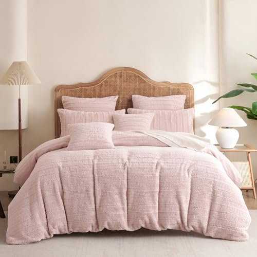 Covebett Bettwäsche Winter Plüsch 155x220 Rosa Gestreift Flanell Warme Weich Cashmere Touch Winterbettwäsche Flauschig Fleece Bettbezug mit Reißverschluss und 1 Kissenbezug 80x80