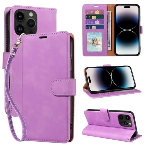 GOTOURED Wallet Phone Case for iPhone 14 Pro Max 6.7 inch, [RFID Blocking 4 Card Slots] [Wrist Strap] [Kickstand] Magnetic Closure Shockproof Protective Soft Leather Flip Cover (Purple)