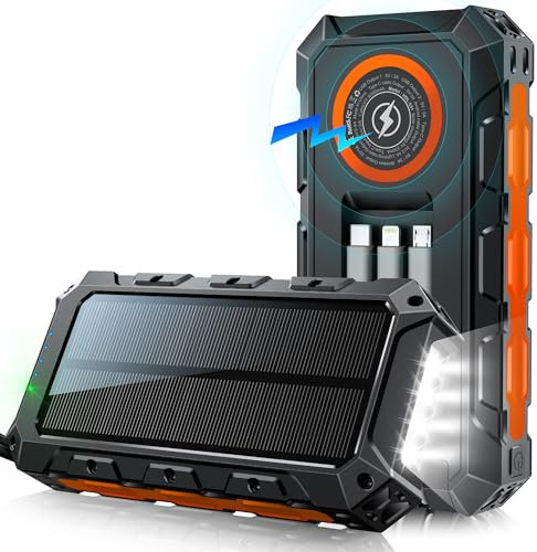 Power Bank 52800mAh Solar Charger 15W Wireless Charging USB-C 30W Fast Charging with 4 Built-in Cables LED Flashlight Battery Pack Compatible with iPhone, iPad, Galaxy, Perfect for Camping, Hiking
