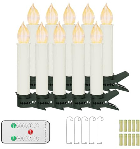 FIVMEN 10 Stück LED Kerzen mit 10x Batterie Timerfunktion Warmweiß | Led Kerzen mit Fernbedienung Klammern Haken Christbaumkerzen IP44 Weihnachtskerzen für Weihnachtsbaum Weihnachtsdeko