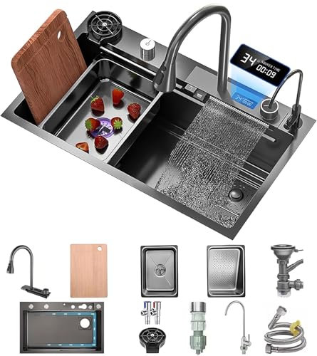 80 x 45 cm Wasserfall Spüle,Spülbecken Edelstahl 1 Becken,Große arbeitsplatz küchenspüle,mit Ausziehbar temperaturanzeige Wasserhahn,Ersatz-Innenspüle, Schneidebrett, Siphon,Über- und Ablauf-Set