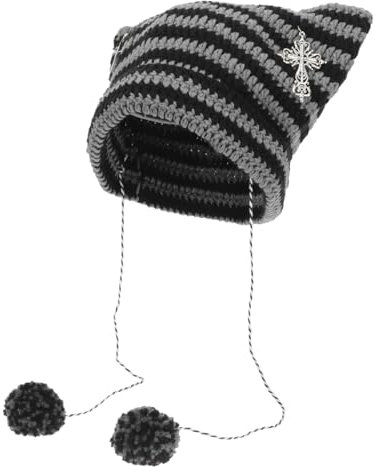 GETFACAI Cat Beanie, Vintage Striped Winter Warm Elastic Cat Beanie, Women Cat Ear Beanie Hat, Cat Gifts for Cat Lovers, Cute Stripes Cat Beanie, Fun Hat Presents Grey, Schwarz , M