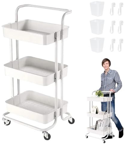 3 Tier Trolley, Rolling Utility Storage Car with Wheels & Hanging Cups & Hooks Storage Organization Shelves, for Kitchen, Bathroom, Office, Library, Coffee Bar Trolley Service Cart (White)