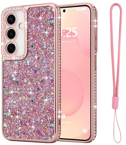 Lafunda Glitzer Hülle Kompatibel mit Samsung Galaxy S25 Handyhülle Mädchen Schuzhülle Glänzend Diamond Hülle 3D Bling Kirstall mit Schlüsselband Case für Samsung Galaxy S25 Rosa
