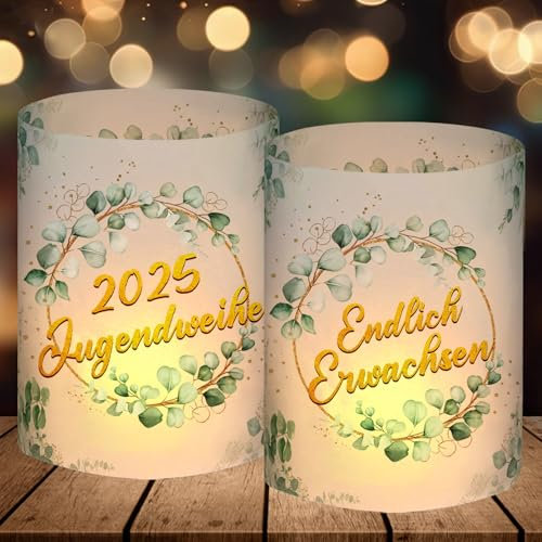 12 Windlicht Tischdeko, Jugendweihe Deko Mädchen Junge 2025, Endlich Jugendweihe Dekoration Eukalyptus Grün Gold, Jugendweihe Party Deko Set Gastgeschenke Geschenke, für Teelichter oder Kerzen