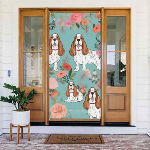 Sweet Basset Hound Florals Printed Door Banner Fabric Hanging Door Cover Background Poster for Home Front Door Holiday Party Decorations