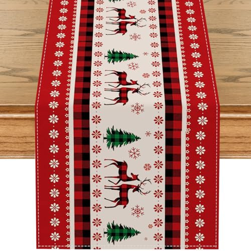 Weihnachten Tischläufer, 33*183 cm Weihnachtstischläufer aus Leinen, Elch Weihnachtsbäume Tischläufer Tischdecke, Küche Esstisch Dekoration Weihnachtsdeko für Drinnen und Draußen
