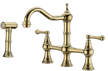 PJKTBEYI Bridge Grifo de Cocina latón con rociador Lateral, 4 Orificios, 2 manijas, Central 8 Pulgadas for fregaderos, Fregadero Heritage Oro Cepillado