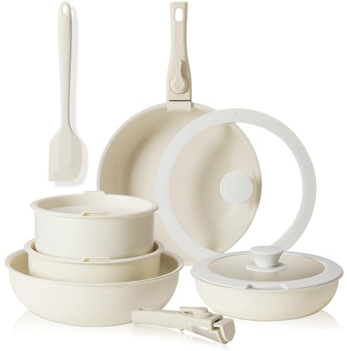 Sweetcrispy Töpfe und Pfannen Set,12-teiliges Pfannenset mit abnehmbaren Griffen Set, Pfanne 20/26 cm, Topf 18/20 cm, Bratpfanne 26 cm, Antihaftbeschichtung, Kochtopf stapelbar Induktion, Backofenfest