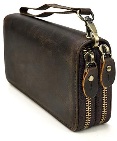 LUUFAN Echtes Leder Doppelreißverschluss Lange Brieftasche Große Kapazität Leder Clutch Wallets mit Handschlaufe (Braun 1)