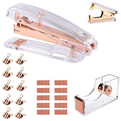 Rotgoldenes Schreibtisch-Zubehör-Set – Set aus Acryl-Schreibtisch-Heftgerät, Heftklammern, Klebebandspender, Heftklammern und 10 Stück Blinder-Clips für Zuhause, Schule, Bürobedarf, Schreibtischbedarf