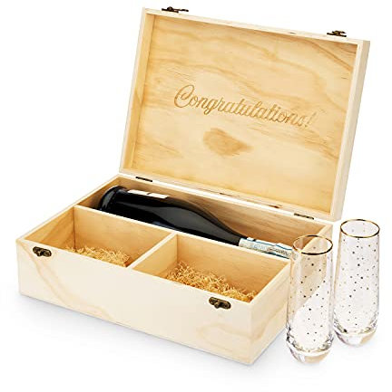 Twine Champagnerflasche Geschenkbox Weinbox mit Deckel und 2 Sektflöten ohne Stiel, Verpackungsstrohhalm, für 1 Champagnerflasche, Holz