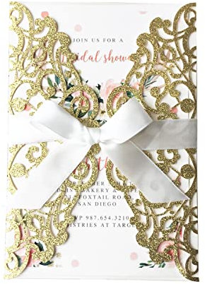 KUCHYNEE 20PCS Hochzeitseinladungskarten mit Elfenbeinbändern und Umschlägen für Einladung Hochzeits -Verlobungs-Geburtstags-Abschluss-Einladungen (Gold Glitter)