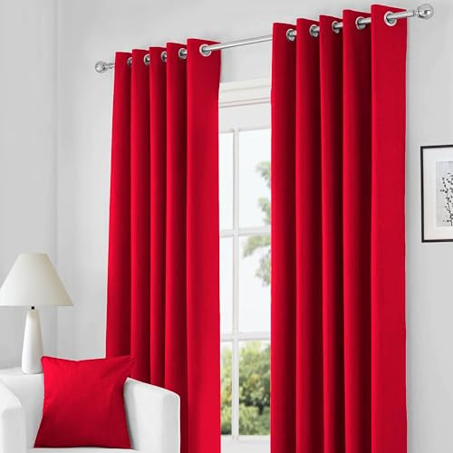 RayyanLinen Readymade Blackout Thermal Eyelet Ring Top Pair of Curtains Including 2 free Tiebacks (RED, Width 66 x Drop 90)