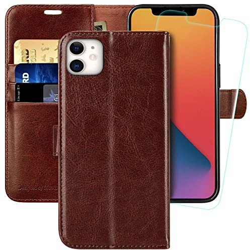 MONASAY Wallet Case for iPhone 12 Pro/iPhone 12 5G,6.1-inch[Glass Screen Protector Included] [RFID Blocking] Flip Folio Leather Cell Phone Cover with Credit Card Holder for iPhone 12/12 Pro,Brown