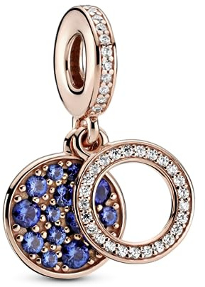 Pandora Ciondolo a doppio ciondolo a forma di disco blu scintillante con zirconi cubici in lega di metallo placcato oro rosa 14 carati Moments Collection, 11mm, Oro rosa, Zirconia cubica