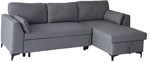 Happy Garden umwandelbares Ecksofa Logan 3-Sitzer in grauem Stoff. Sofa mit umkehrbarer Meridian und Aufbewahrungskasten.