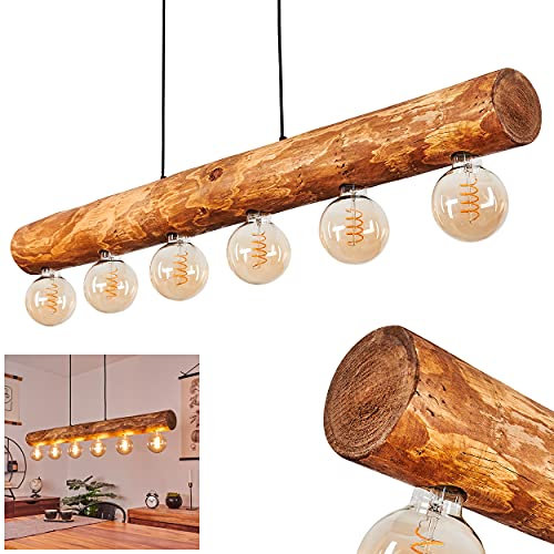 HOFSTEIN Pendelleuchte Canedo, 6-flammige Hängelampe aus Metall/Holz in Schwarz/Natur im skandinavischen Design, Hängeleuchte mit Holzstab, 6 x E27, höhenverstellbar bis 117,5 cm