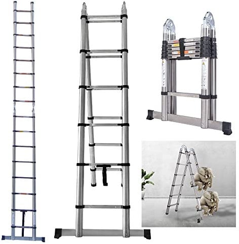 Telescopic Folding A-Frame Ladder - 3.8m Multi-Purpose Extension Ladder with Stabiliser for Garden, Loft, Office - 150kg EN131