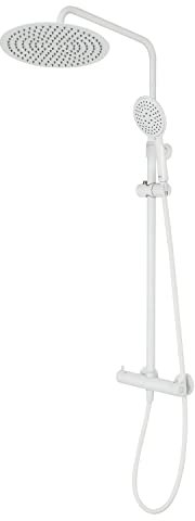 Tiger Twiss Duschsystem, Dusch Set inkl. Regendusche mit 30cm Durchmesser, Handbrause mit 3 Strahlarten, höhenverstellbare Duschstange, Brauseschlauch und Thermostat, Farbe: Weiß