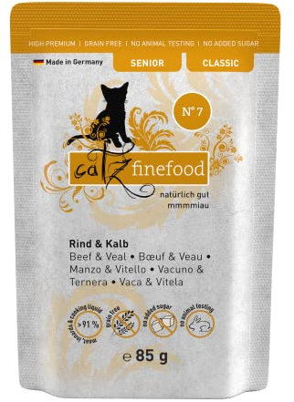 catz finefood Senior N°07 Rind & Kalb Katzenfutter nass - Premium Nassfutter für Ihre Senior Katze - getreidefrei, ohne Zucker, hoher Fleischanteil, Vitamine & Mineralien (16 x 85g Beutel)