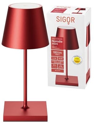 SIGOR Nuindie mini - Dimmbare kleine LED Akku-Tischlampe Indoor & Outdoor, IP54 spritzwassergeschützt, Höhe 25 cm, aufladbar mit Easy Connect, 12 h Leuchtdauer, kirschrot