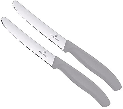Victorinox | Küchenmesser-Set | 2 Stück Cool Grey | Klingenlänge: 11cm | Extra scharfer Wellenschliff | Tafelmesser mit ergonomischen Griff